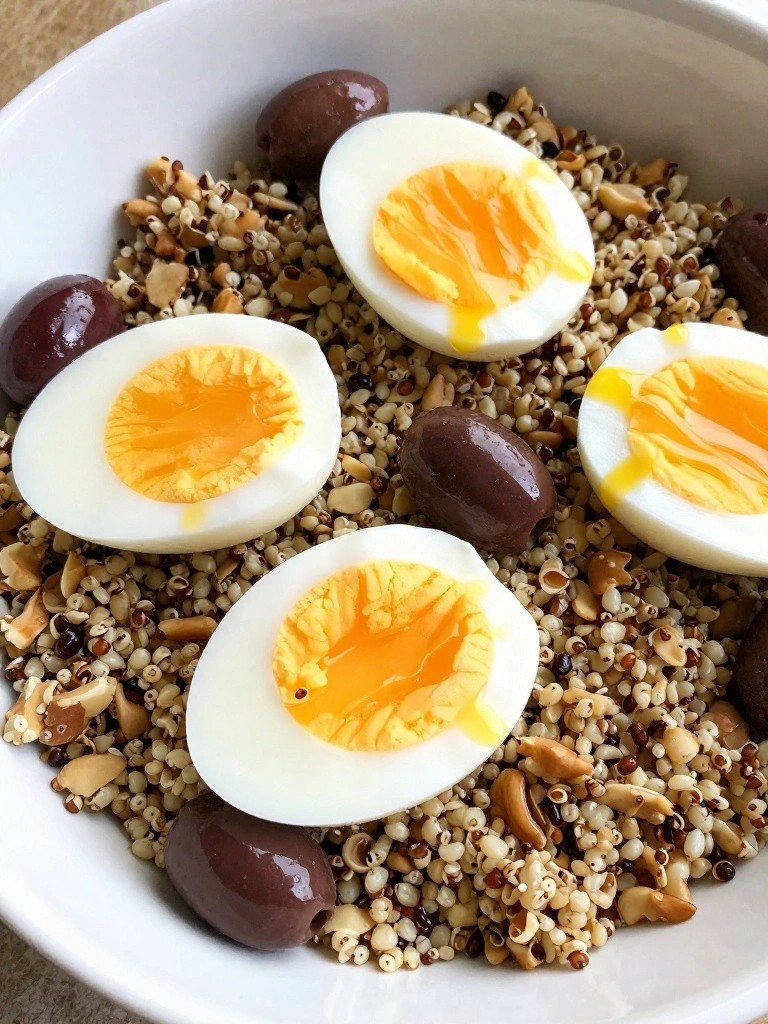 Mediterranean Breakfast Grain Bowls with Quinoa, Olives, and Soft Eggs