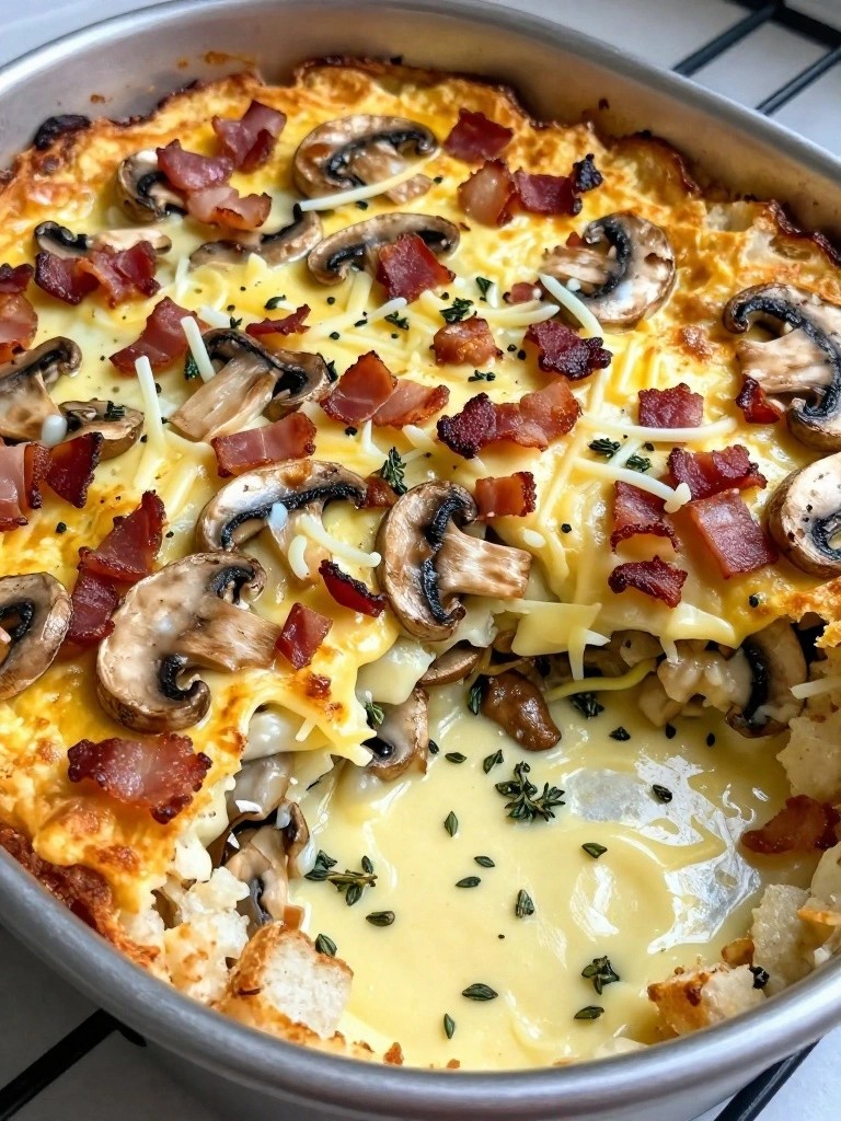 Bacon Mushroom and Gruyère Breakfast Casserole