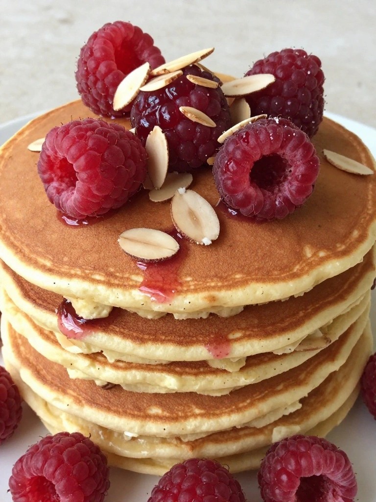 Raspberry Almond Cottage Cheese Pancakes