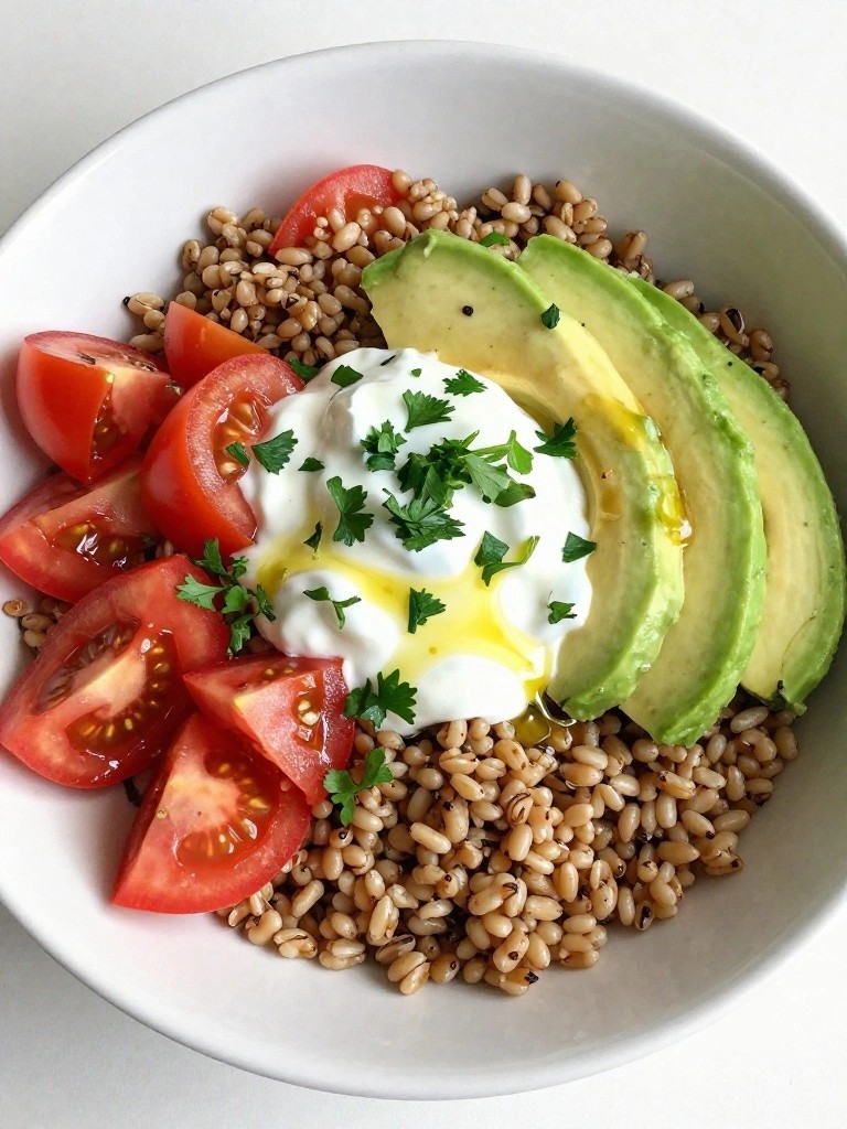 Farro Breakfast Salad with Avocado, Tomato, and Lemon Yogurt
