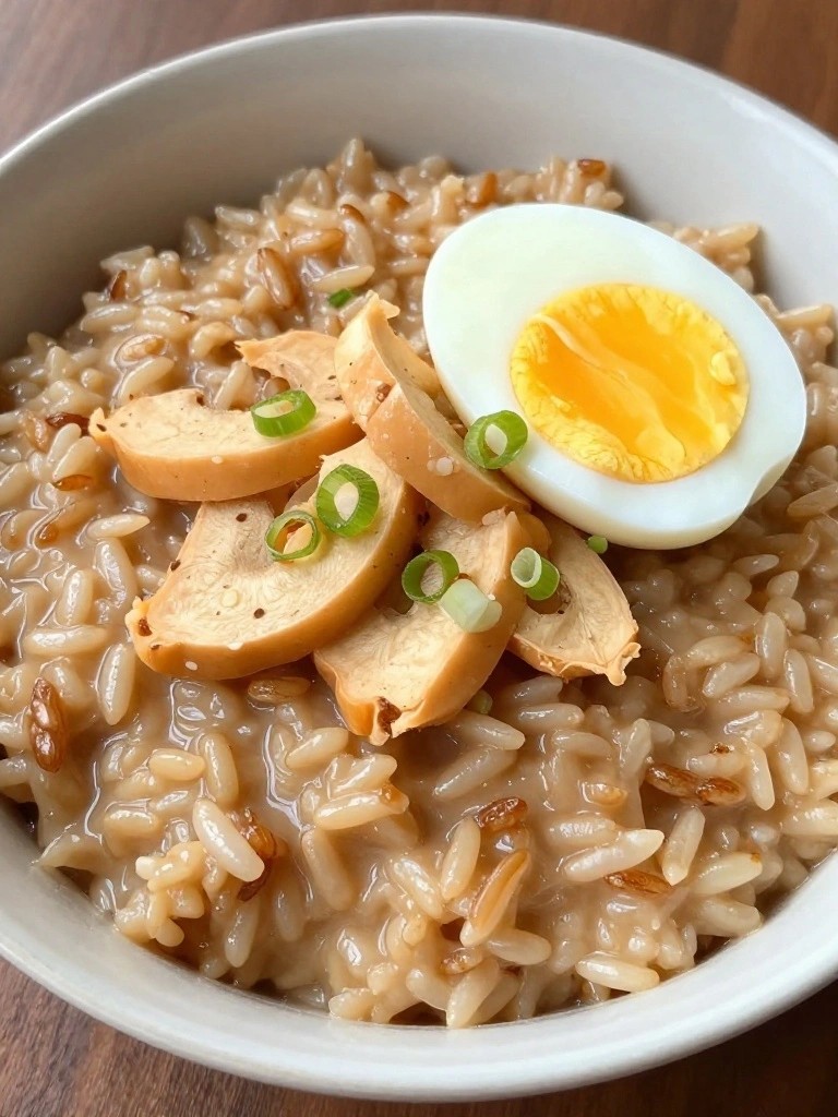 Ginger Brown Rice Congee with Scallions and Soft-Boiled Egg