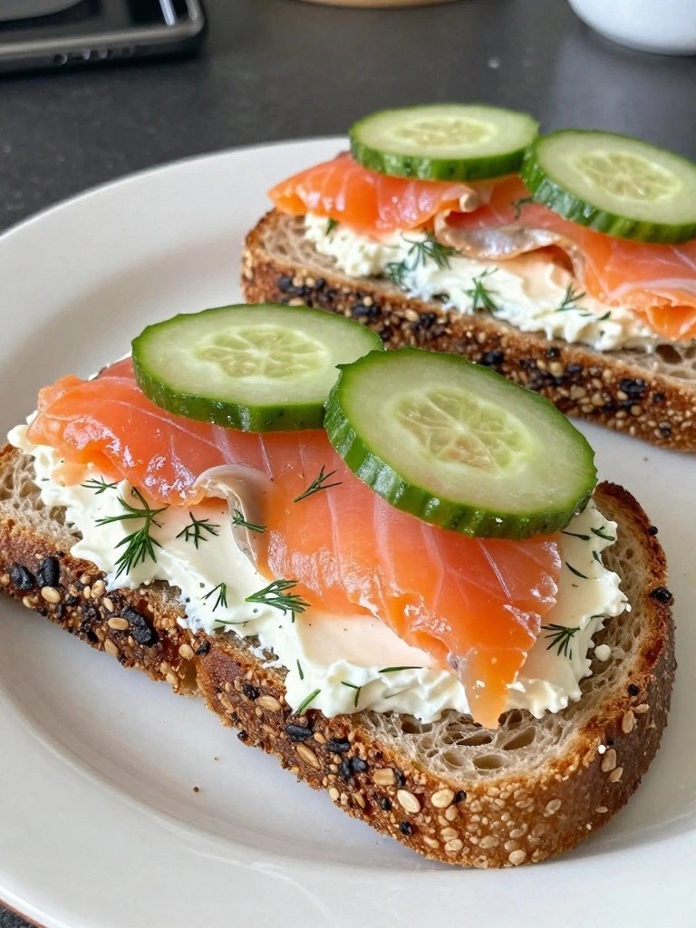 Rye Toast with Smoked Salmon, Cucumber, and Dill Cream Cheese