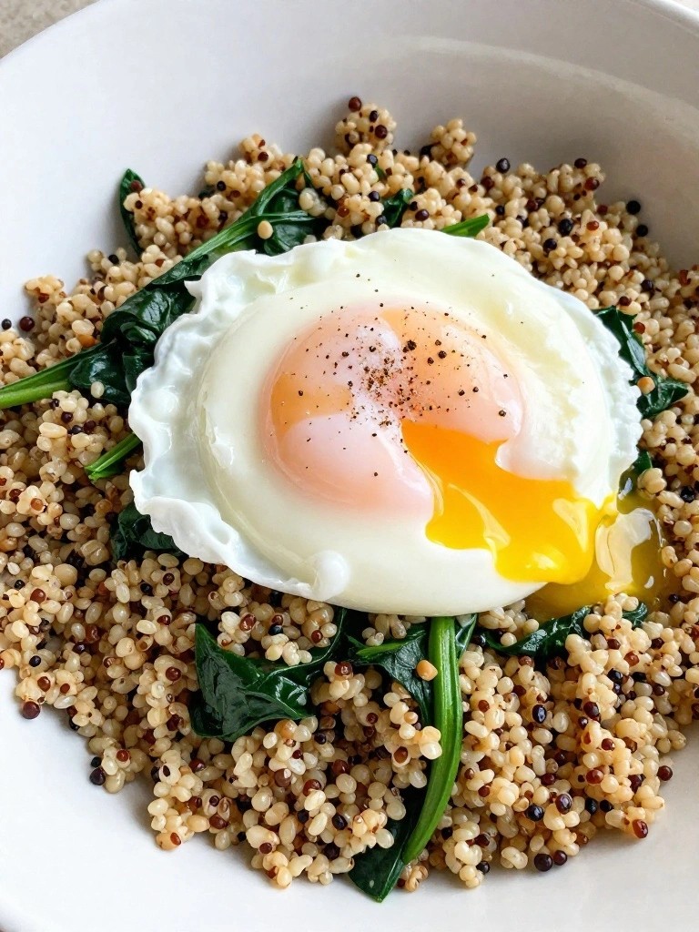 Savory Quinoa Breakfast Bowl with Spinach and Poached Egg