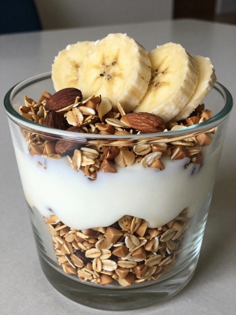 Buckwheat Granola Parfait with Banana Slices and Greek Yogurt