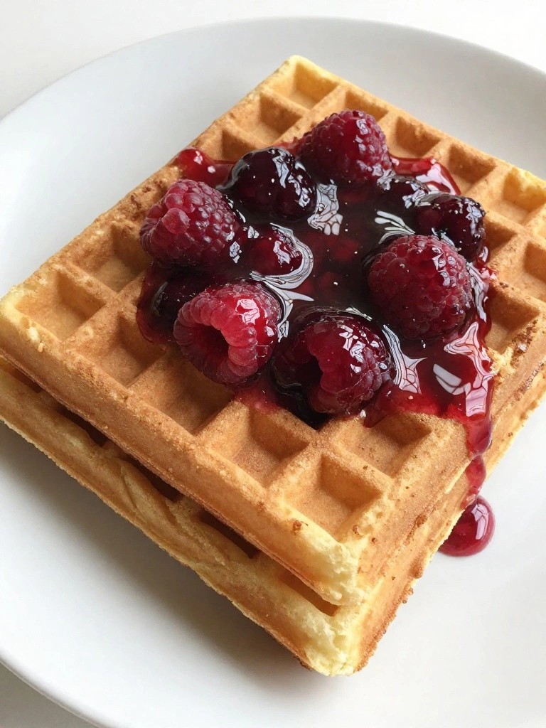 Spelt Flour Waffles Topped with Raspberry Maple Sauce