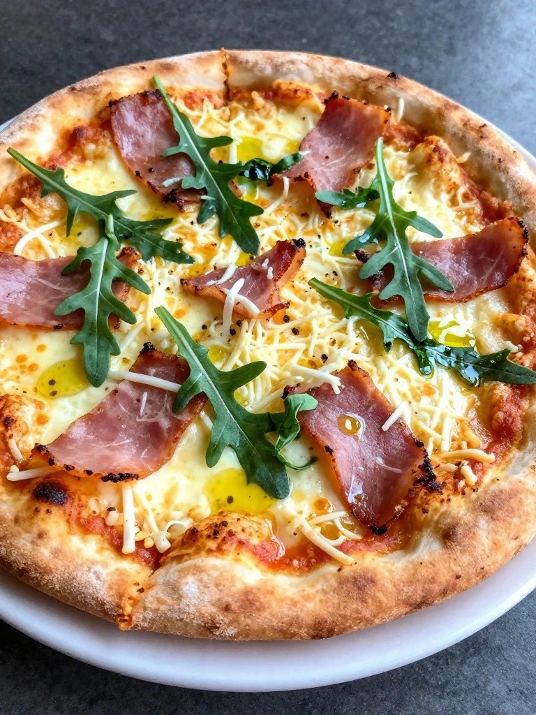 Cottage Cheese Egg Breakfast Pizza with Ham and Arugula