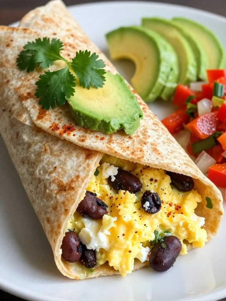 Mexican Egg and Cottage Cheese Breakfast Burrito with Black Beans