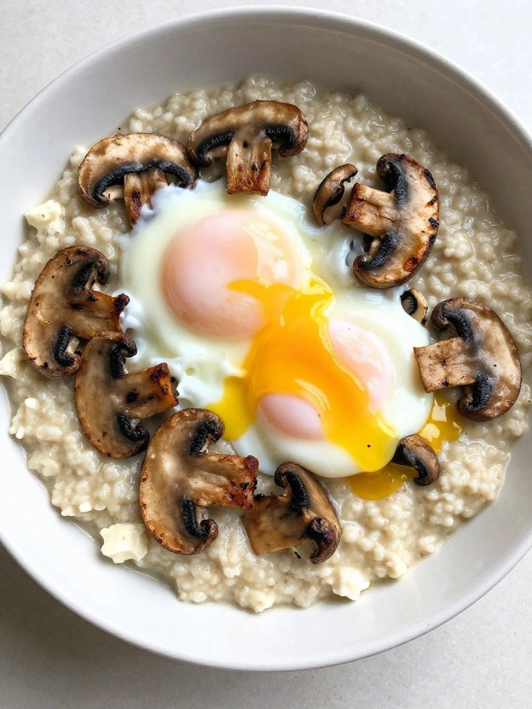 Poached Eggs over Cottage Cheese Grits with Roasted Mushrooms