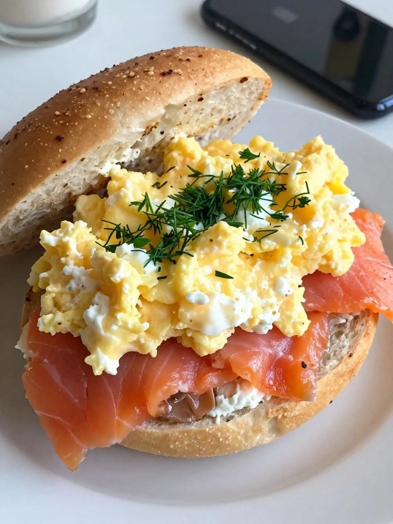 Smoked Salmon Cottage Cheese Egg Bagel Sandwich