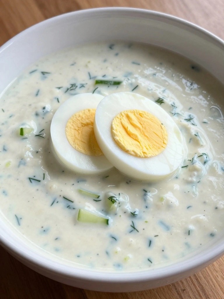 Chilled Greek Yogurt Cucumber Dill Soup with Hard-Boiled Eggs