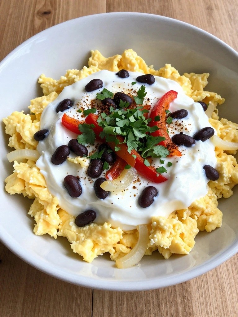 Greek Yogurt Breakfast Burrito Bowl with Peppers and Onions
