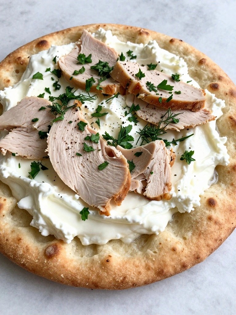 Greek Yogurt Flatbread with Cottage Cheese, Herbs, and Sliced Turkey