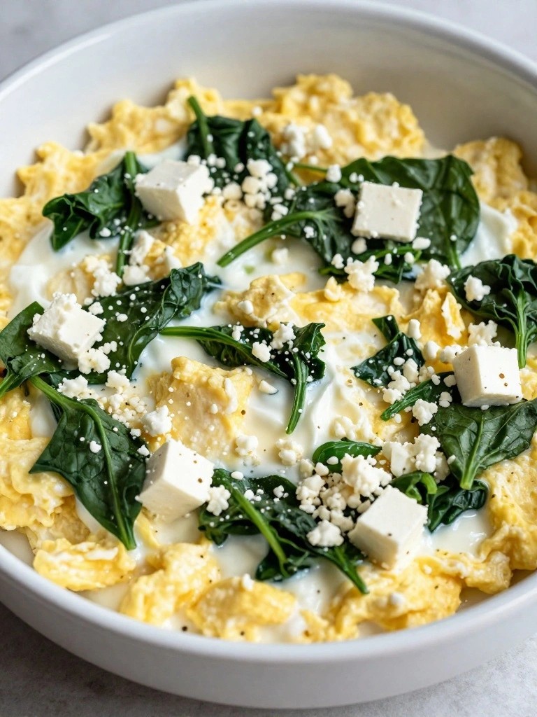 Greek Yogurt Spinach and Feta Skillet Scramble