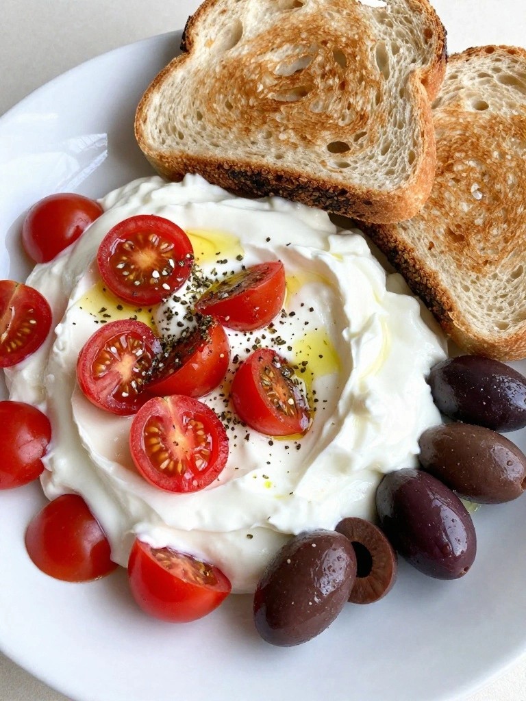 Mediterranean Greek Yogurt Plate with Olives, Tomatoes, and Whole Grain Toast
