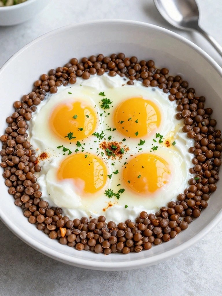Spiced Greek Yogurt Lentil Breakfast Skillet with Poached Eggs