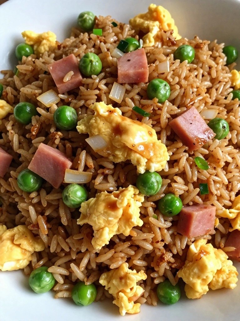 High Protein Breakfast Fried Rice with Ham and Peas