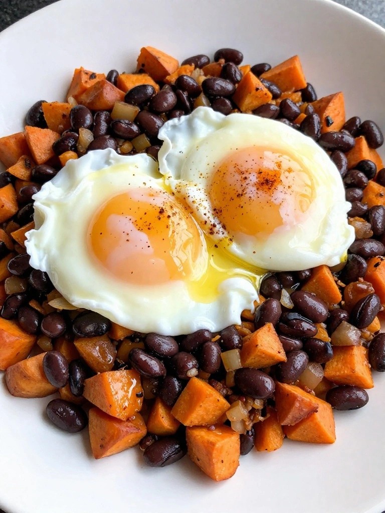 Sweet Potato Hash with Black Beans and Poached Eggs