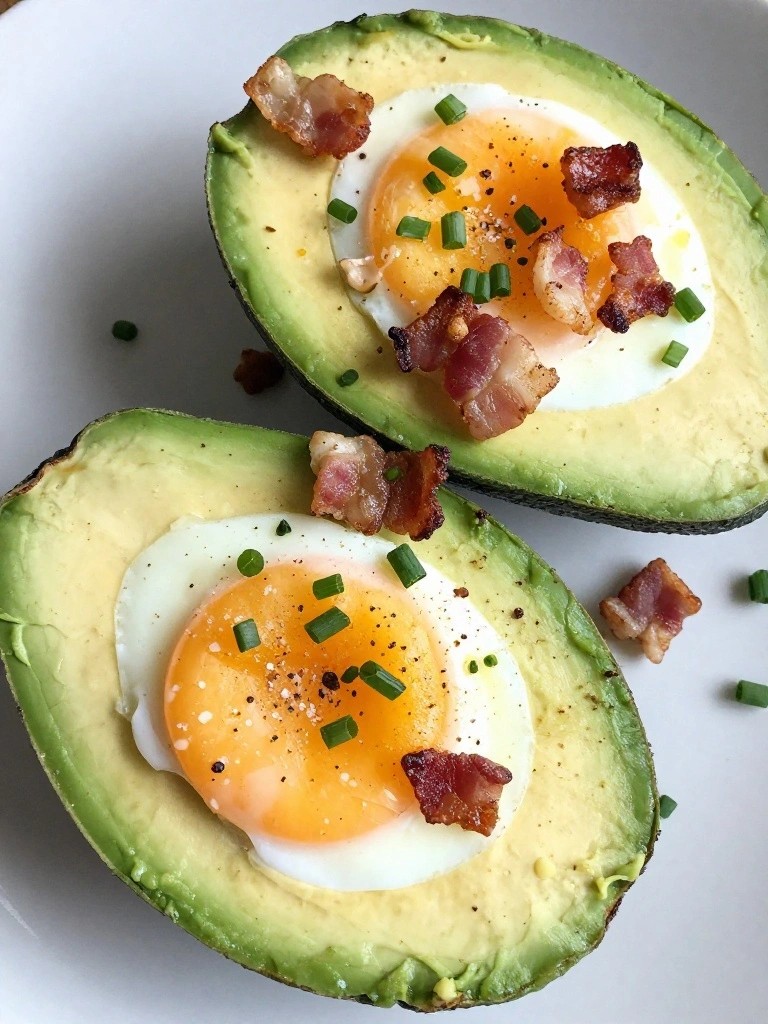 Baked Eggs in Avocado Halves Topped with Crispy Bacon