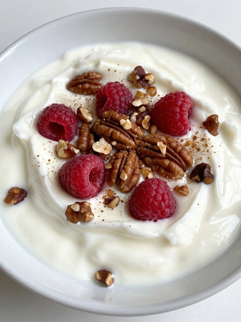 Greek Yogurt Bowl with Pecans, Cinnamon, and Raspberries