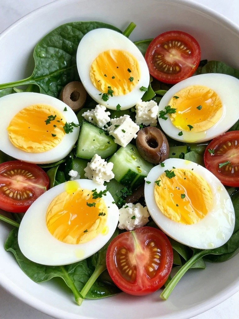 Mediterranean Breakfast Salad with Eggs, Olives, and Feta