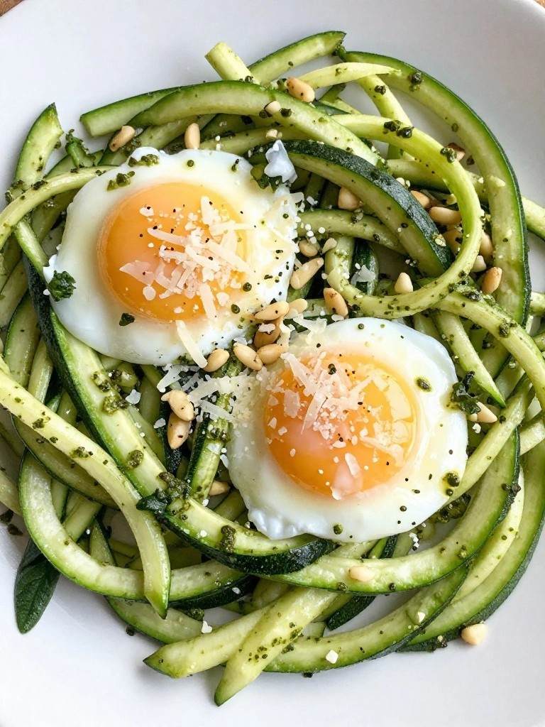 Zucchini Noodles with Pesto, Poached Eggs, and Parmesan
