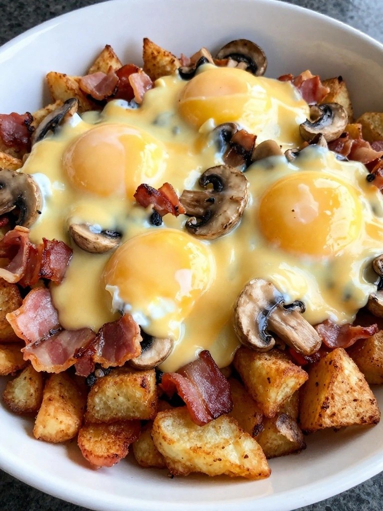 Bacon Mushroom Swiss Egg and Hash Brown Bake