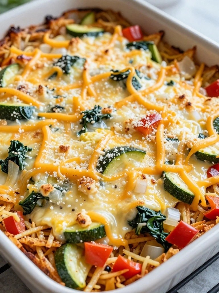 Three-Cheese Garden Vegetable Hash Brown Bake