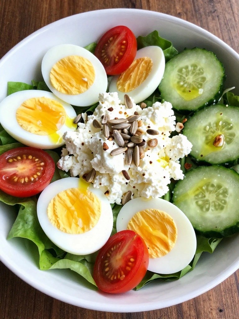 Breakfast Salad with Hard-Boiled Eggs, Cottage Cheese, and Sunflower Seeds