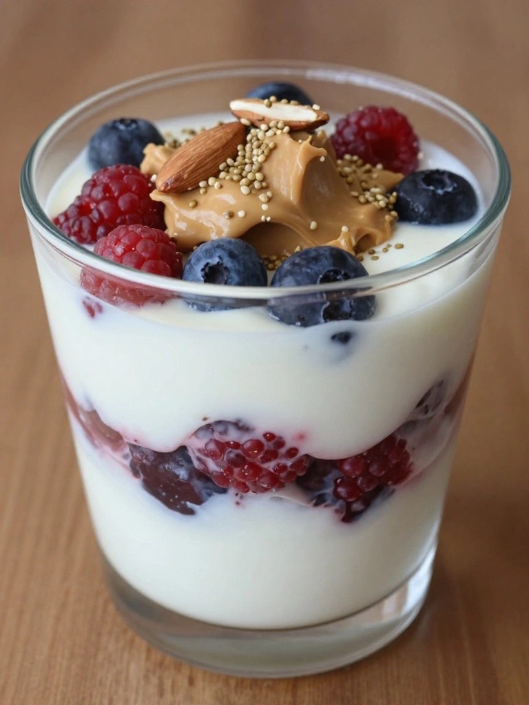 Greek Yogurt Berry Parfait with Hemp Seeds and Almond Butter