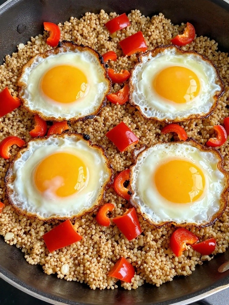 Quinoa Breakfast Skillet with Fried Eggs and Bell Peppers