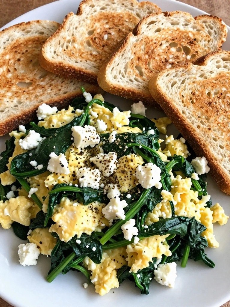 Spinach and Feta Egg White Scramble with Whole Grain Toast