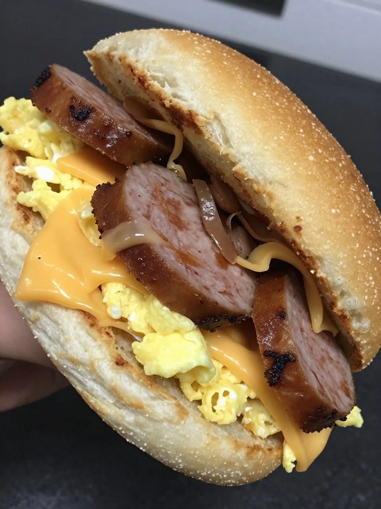 Andouille Sausage, Egg, and Pepper Jack on a Hoagie Roll