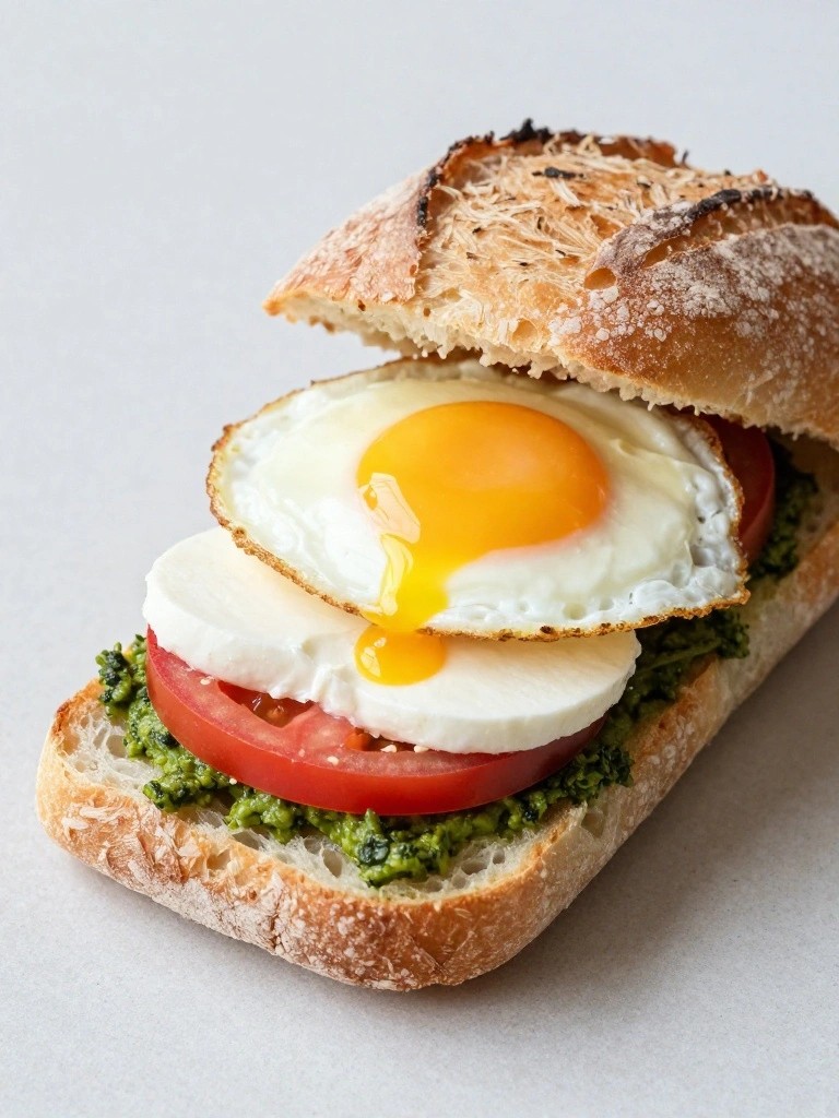 Caprese-Style Ciabatta with Pesto, Mozzarella, and Fried Egg