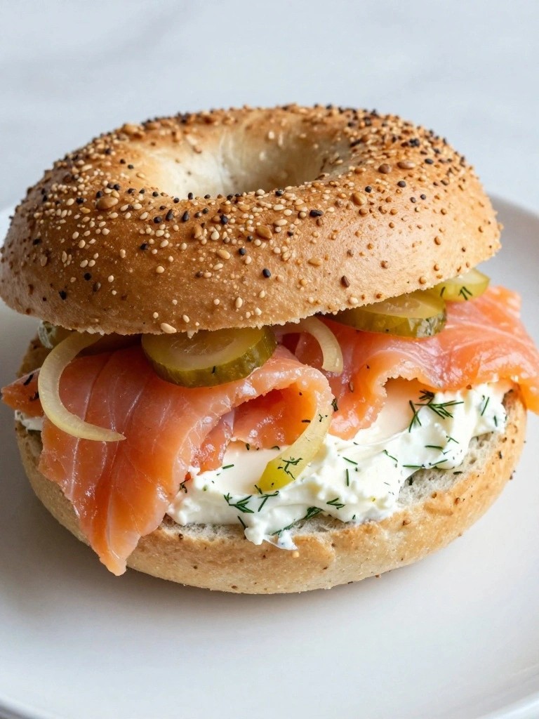 Everything Bagel with Smoked Salmon, Pickled Onions, and Dill Cream Cheese