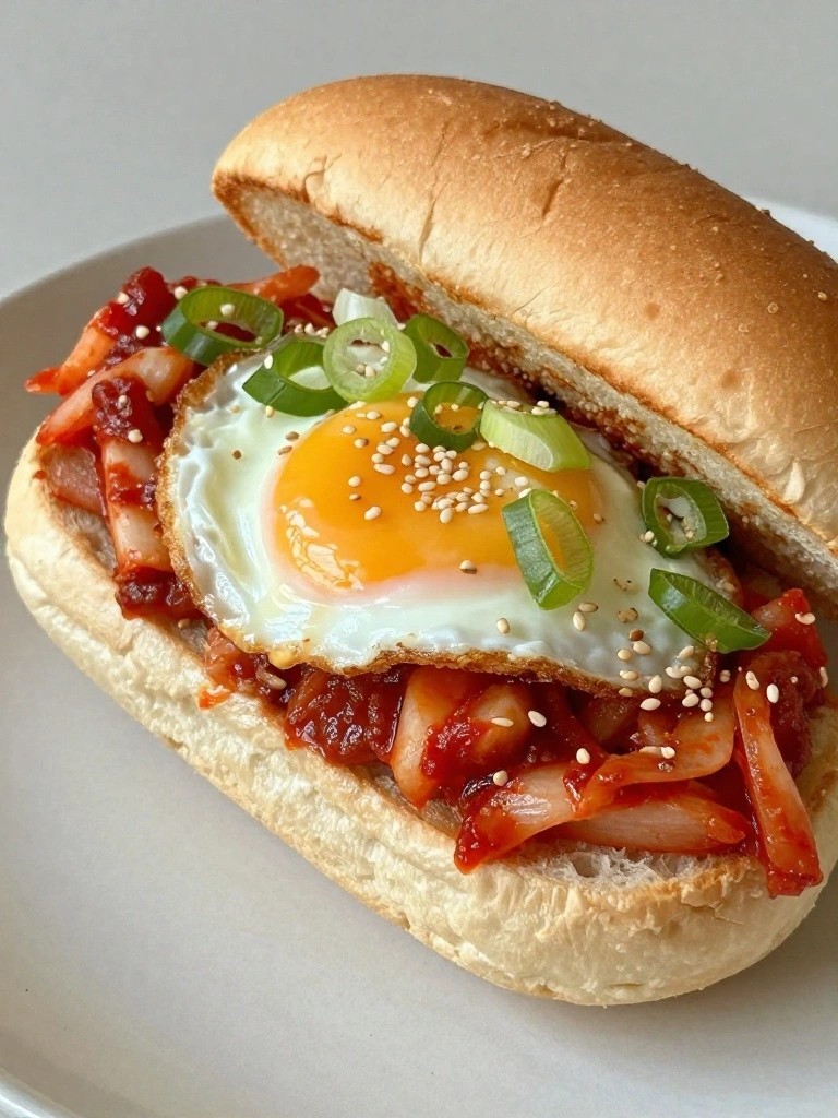 Gochujang Kimchi and Fried Egg Brioche Sandwich