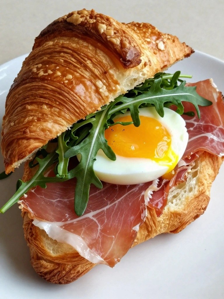 Prosciutto, Arugula, and Soft-Boiled Egg on a Toasted Croissant
