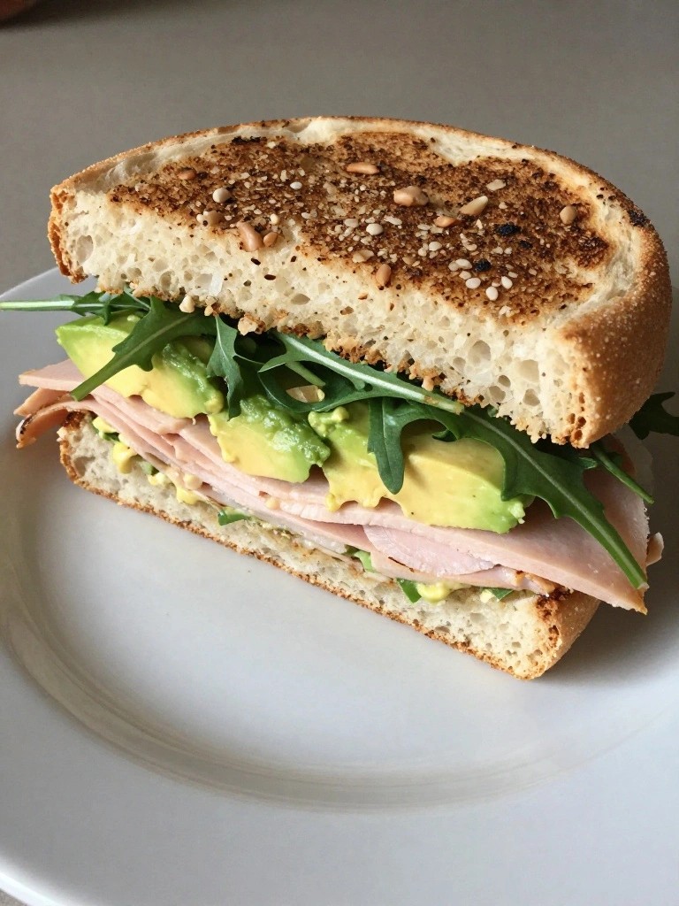 Smoked Turkey, Avocado, and Arugula on Seeded English Muffin