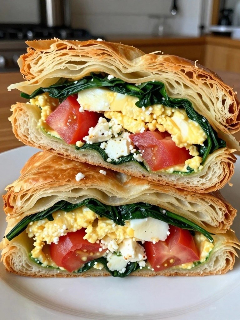 Spinach, Feta, and Tomato Phyllo-Wrapped Egg Sandwich