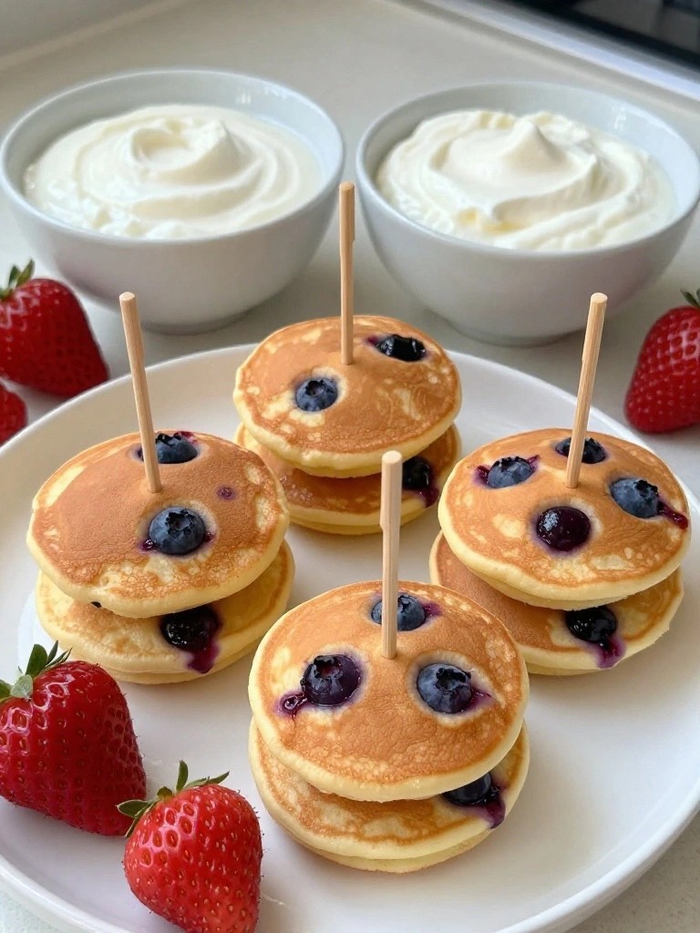 Mini Blueberry Pancake Skewers with Yogurt Dip