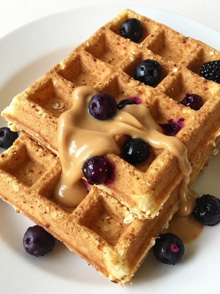 Mixed Berry Oat Protein Waffles with Peanut Butter Drizzle