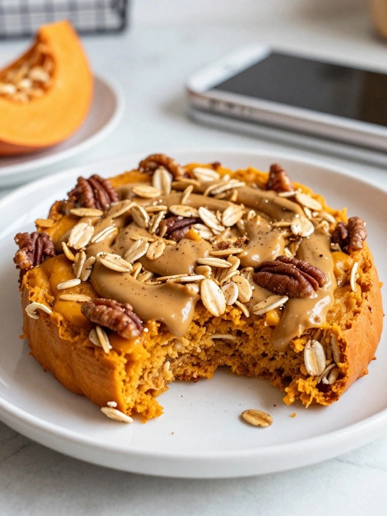 Pumpkin Spice Baked Oats with Pecan Butter Swirl