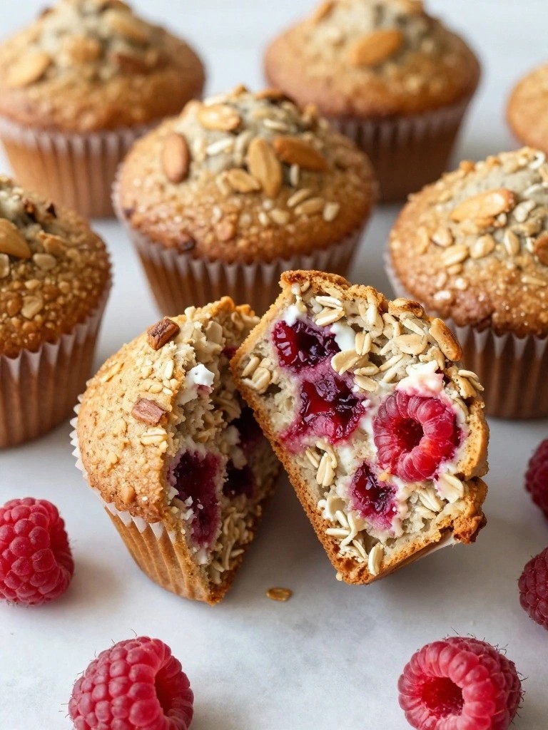 Raspberry Almond Butter Oat Breakfast Muffins