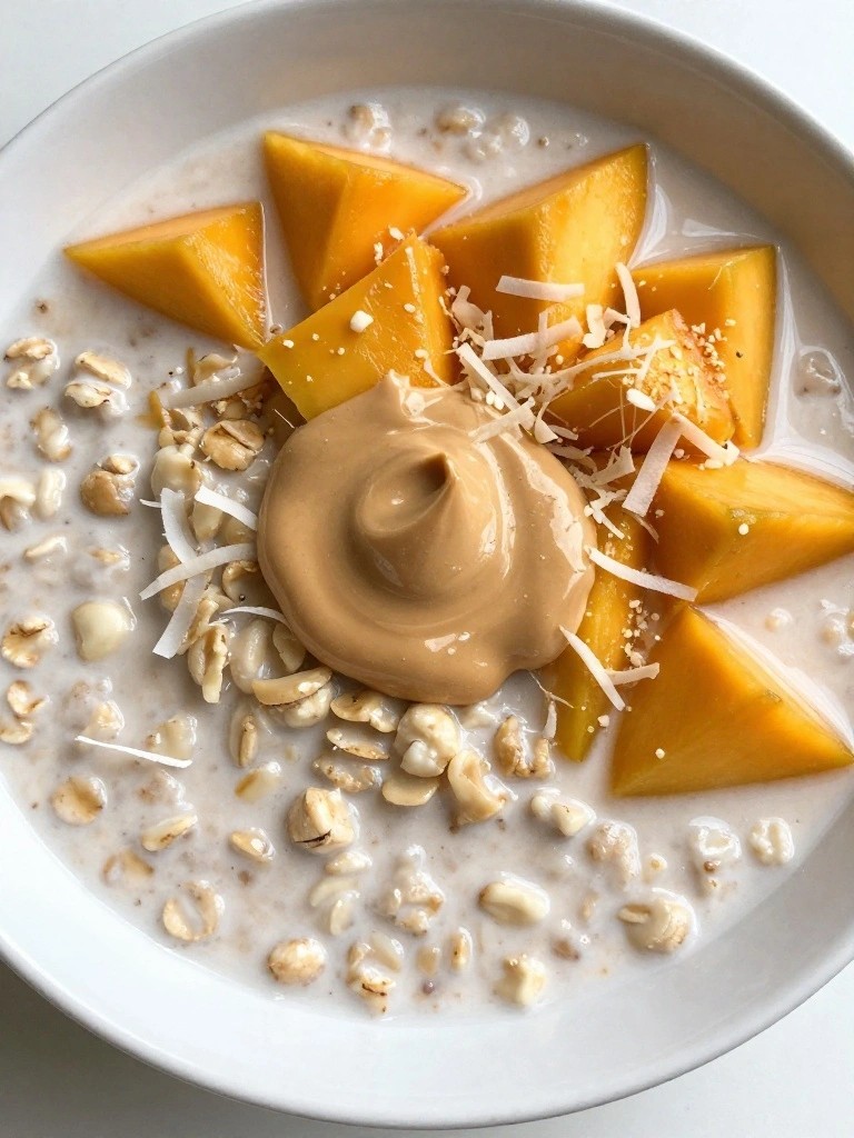 Tropical Mango Coconut Oatmeal with Macadamia Nut Butter