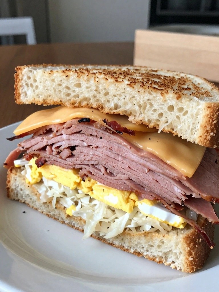 Pastrami, Swiss, and Sauerkraut Rye Breakfast Sandwiches