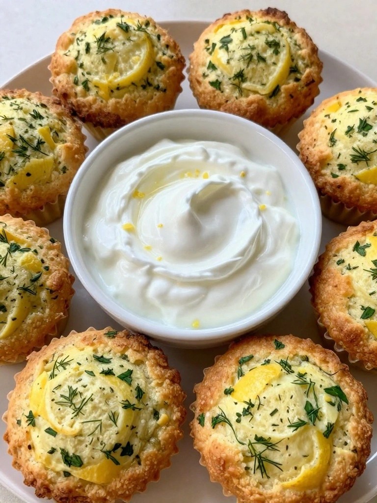 Lemon Herb Egg Muffins Served with Whipped Greek Yogurt Dip