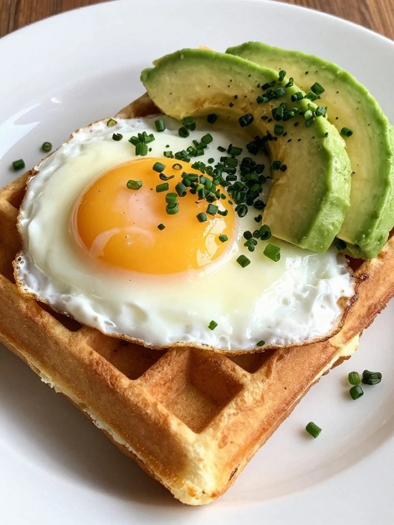 Savory Greek Yogurt Waffles Topped with Fried Eggs and Avocado