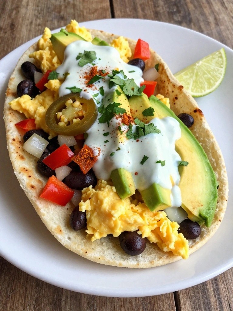 Spicy Mexican Breakfast Burrito Bowl with Scrambled Eggs and Lime Yogurt