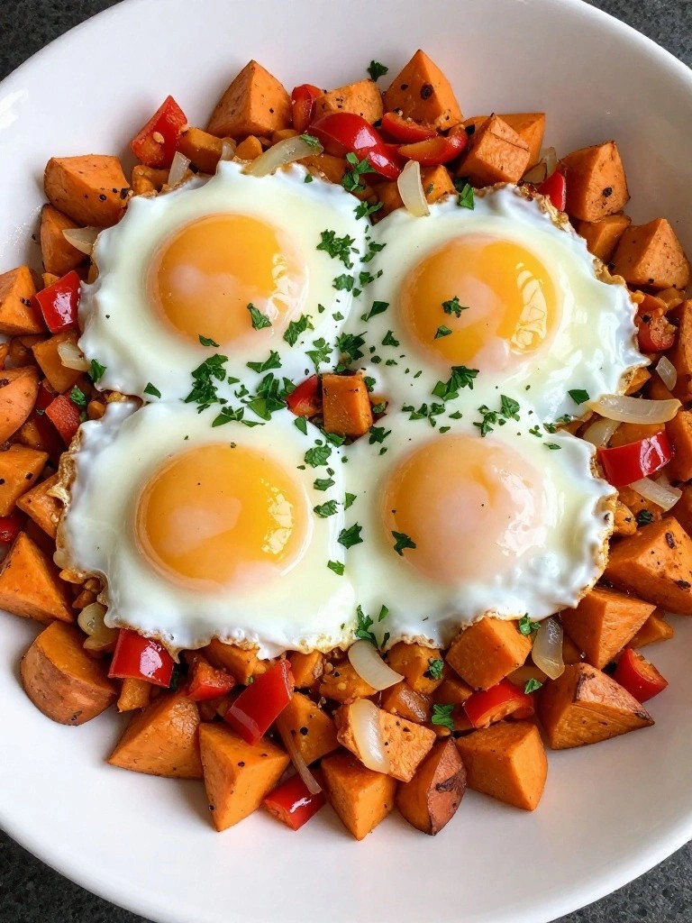 Sweet Potato Hash with Baked Eggs and Tangy Greek Yogurt Drizzle