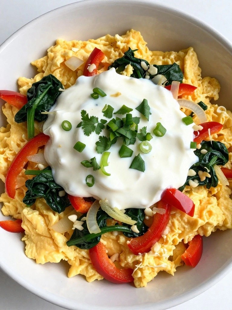 Thai-Inspired Egg Scramble Bowl with Peanut Greek Yogurt Sauce