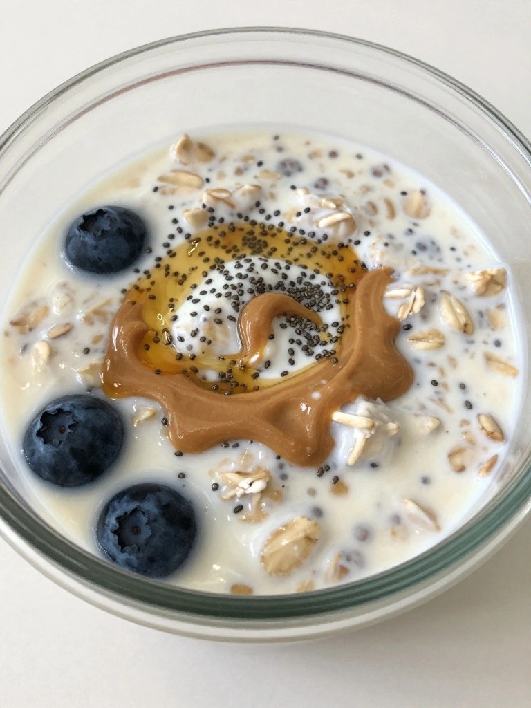 High-Protein Overnight Oats with Chia, Peanut Butter, and Blueberries